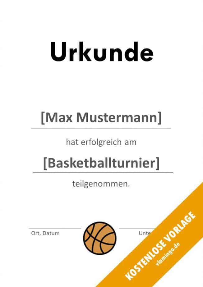 Urkunde - Vorlage (Basketball): Erfolgreiche Teilnahme