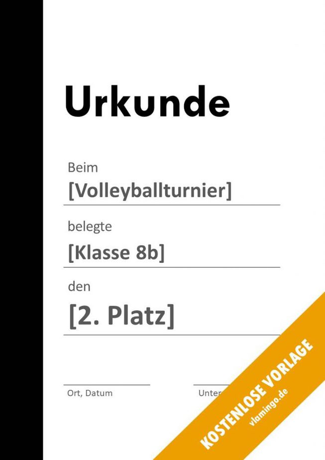 Volleyball Urkunde Volage modern schwarzer Balken links Volleyball - Urkunde (Vorlage): Balken auf der linken Seite