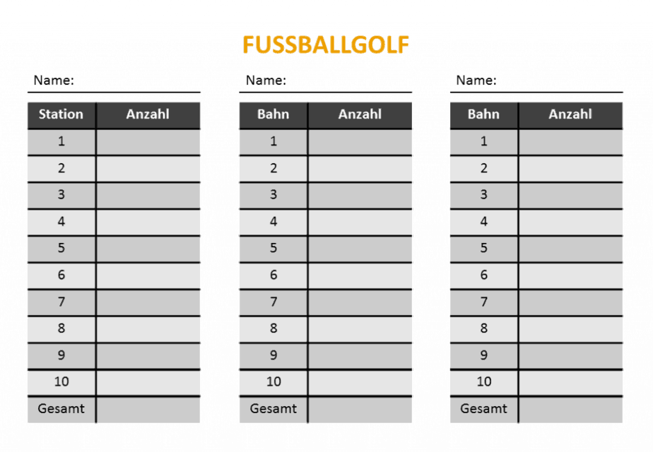 Fußballgolf - Auswertungsbogen - Laufzettel