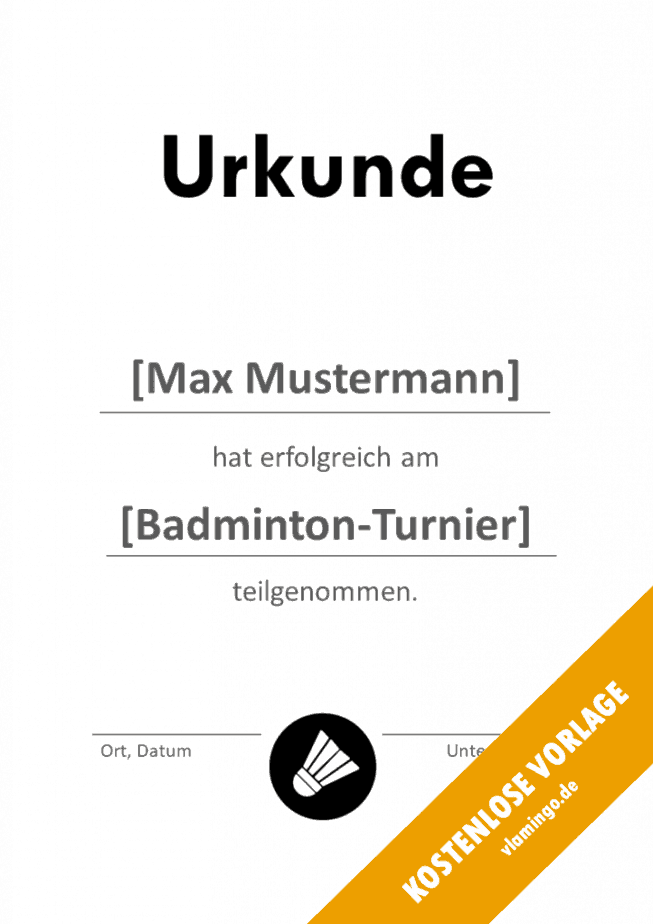Badminton Urkunde Erfolgreiche Teilnahme Badminton - Urkunde - Vorlage