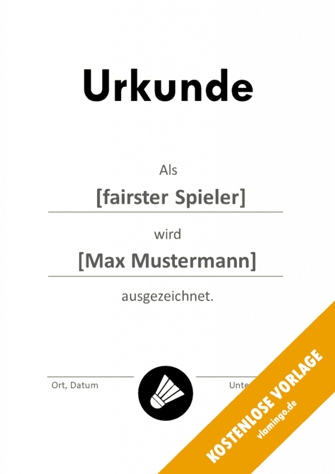 Badminton Urkunde Fairster Spieler Badminton - Urkunde - Vorlage - Anerkennung