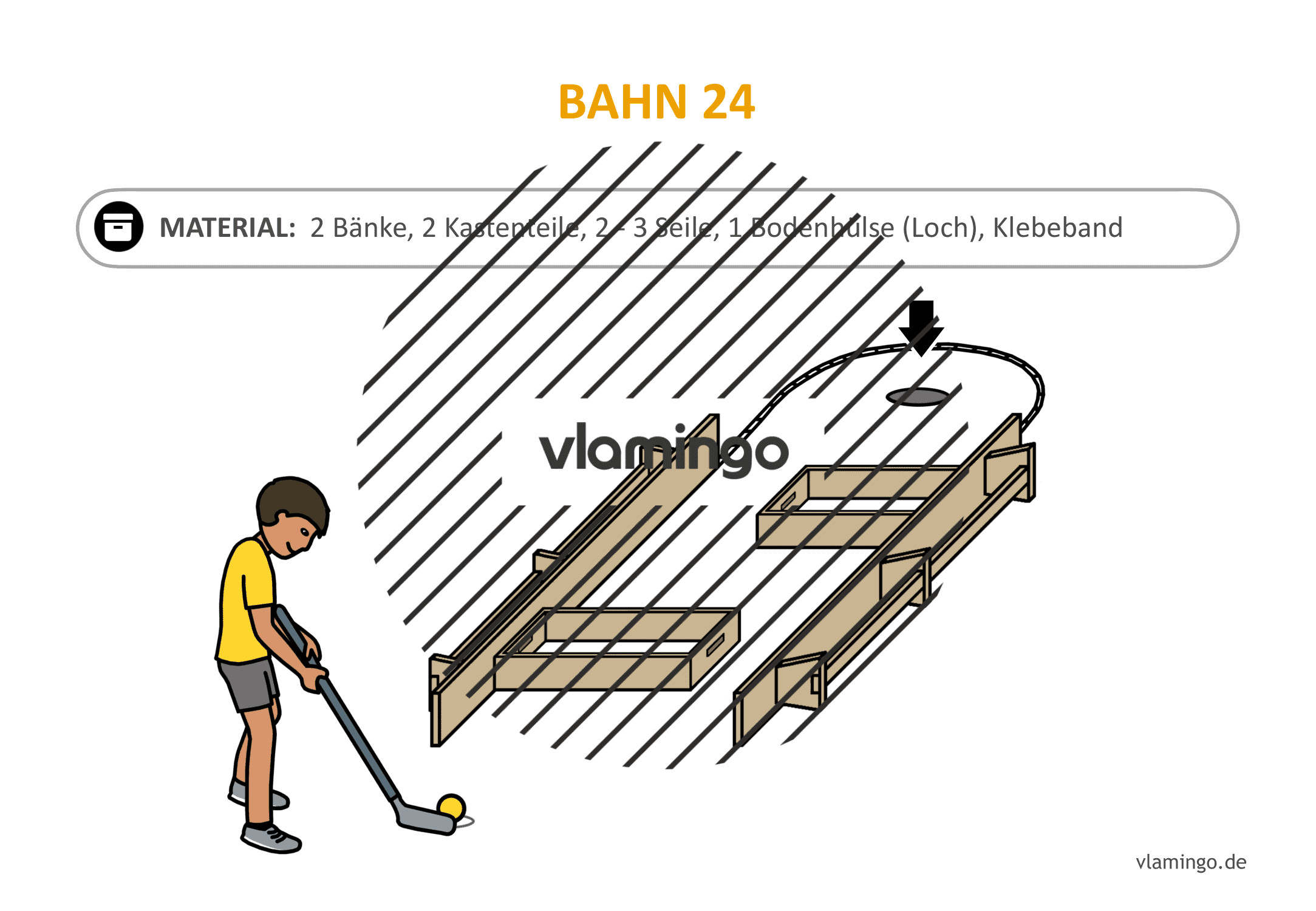 Minigolf-Station 24: Um die Kastenteile