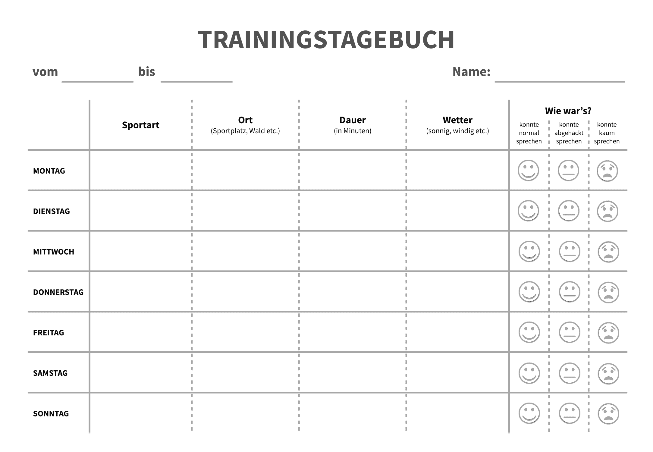 Trainingstagebuch - Vorlage für die Sekundarstufe