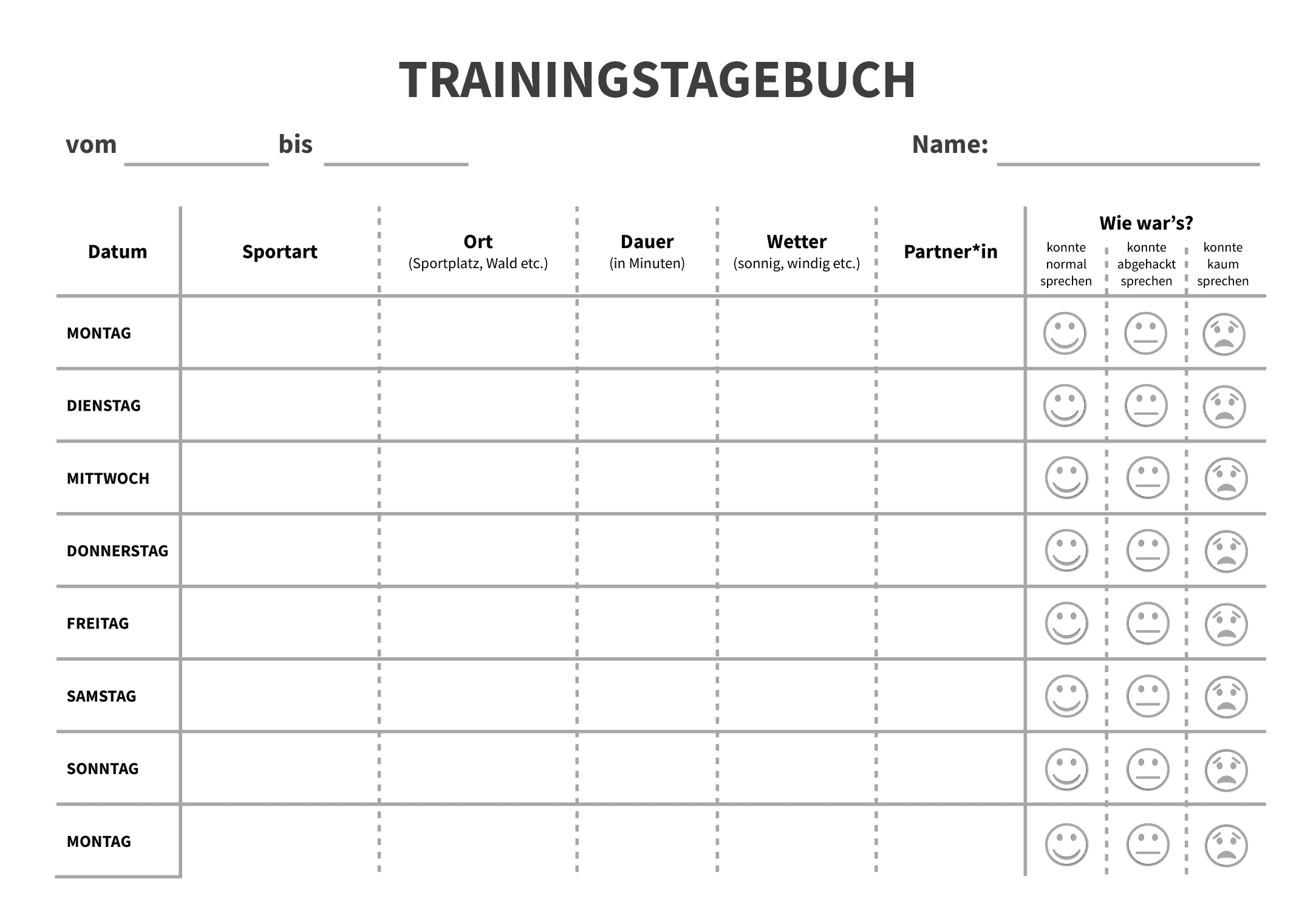 Trainingstagebuch - Vorlage 2 für die Sekundarstufe