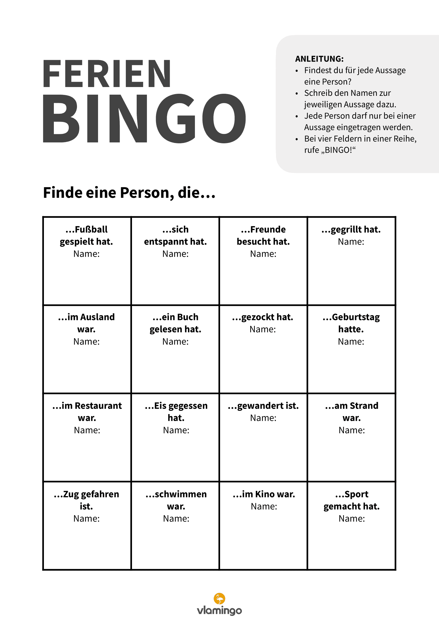 Ferien-Bingo Vorlage