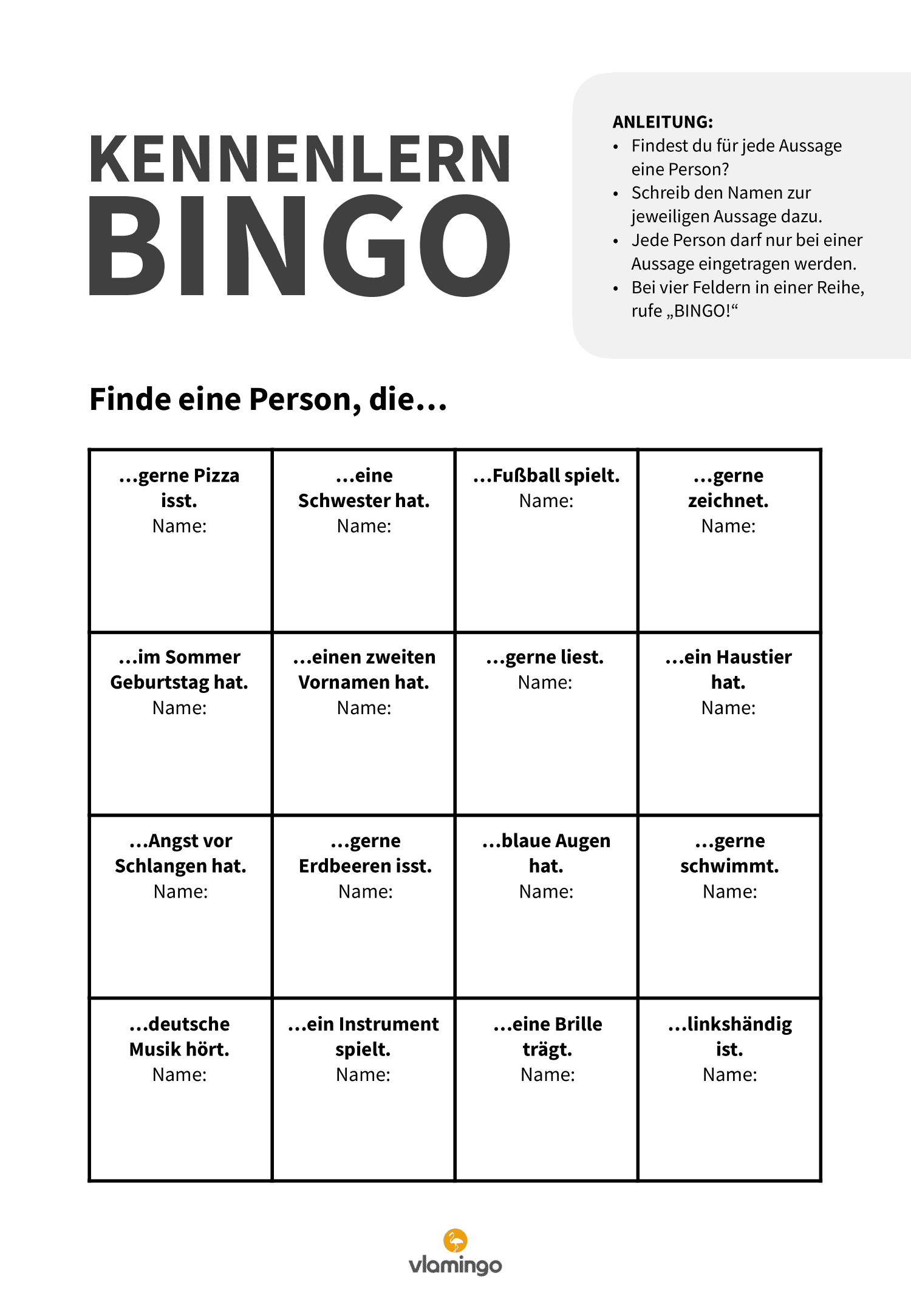Kennenlern-Bingo Vorlage 1 Kennenlern-Bingo Vorlage 1